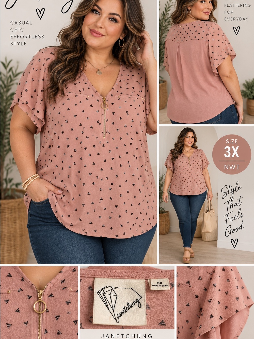 Janetchung NWT Mauve Geometric Print Zip Front Blouse 3X